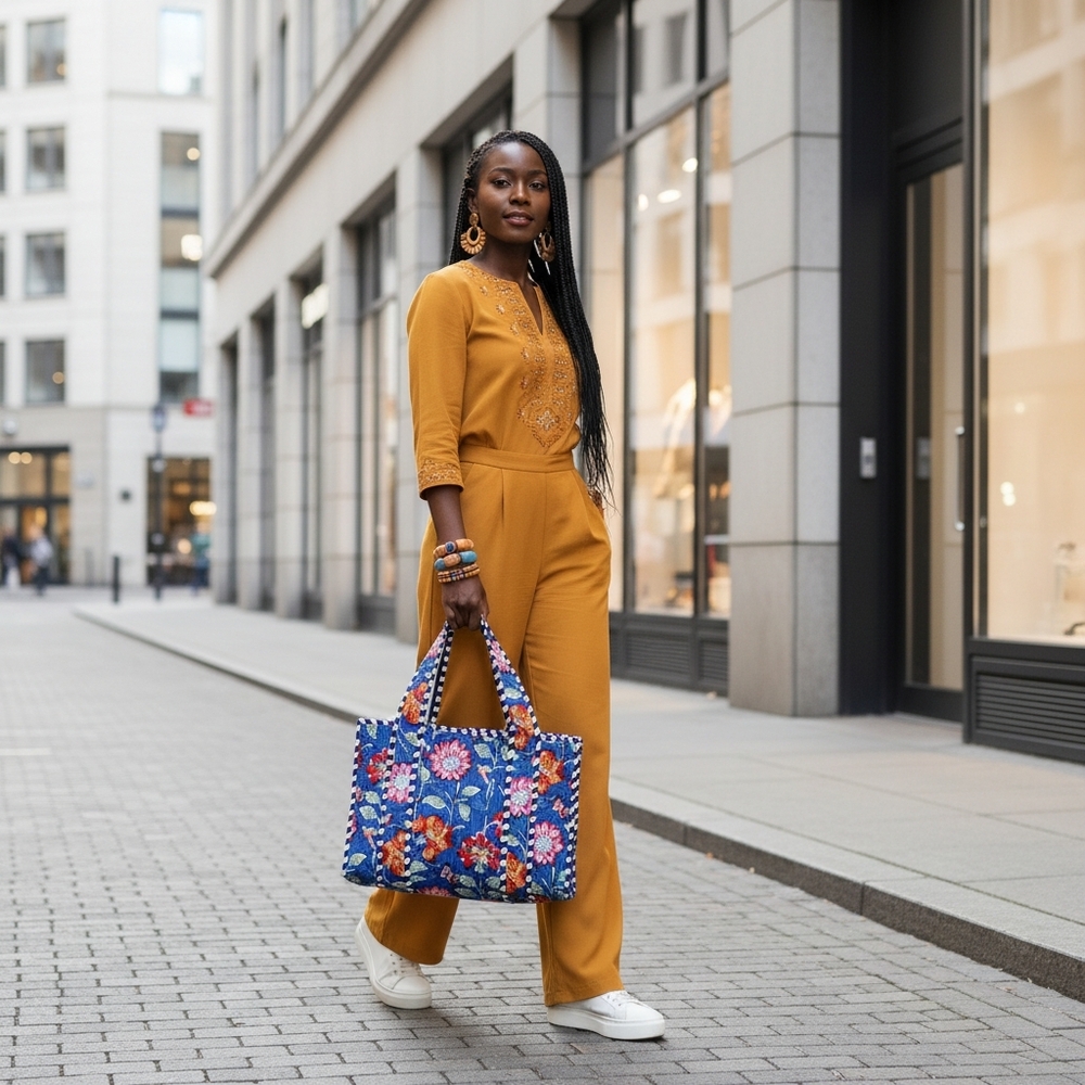 Floral Blue Handmade Cotton Tote Bag